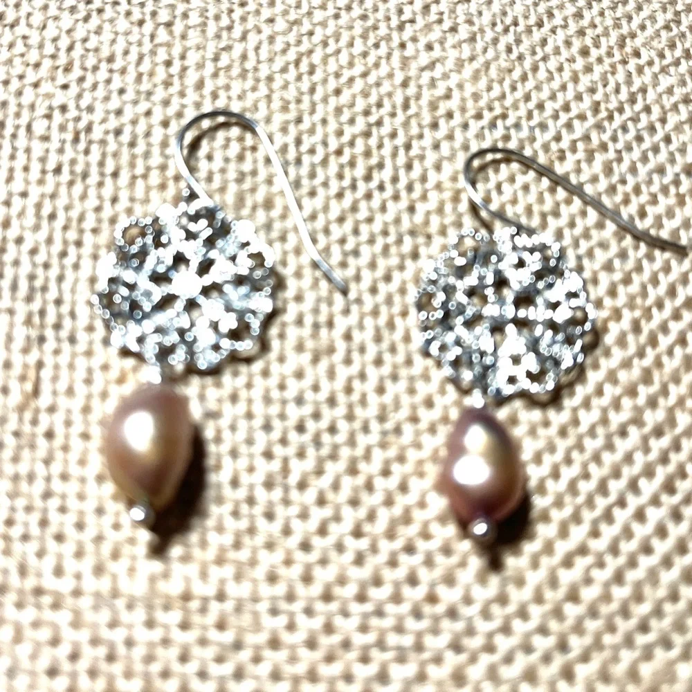 Stamped 925 Sterling Silver Pierced Earrings Dusty Rose Baroque Pearl Drops